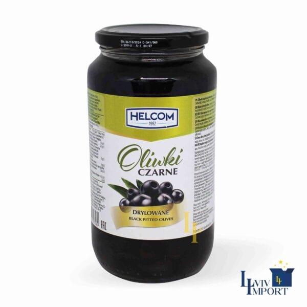 Оливки HELCOM 880g маслини чорні без кісточки ск/б (6 шт/96 ящ)