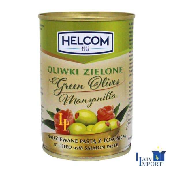 Оливки HELCOM 280g зелені з лососем ж/б (12 шт/196 ящ)