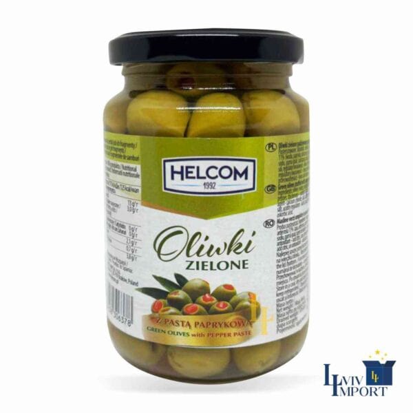 Оливки HELCOM 350g зелені з паприкою ск/б (12 шт/144 ящ)