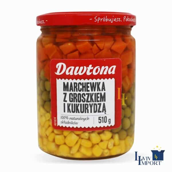 Овочева суміш DAWTONA 510g морква з кукурудзою та горошком ск/б (6 шт/180 ящ)
