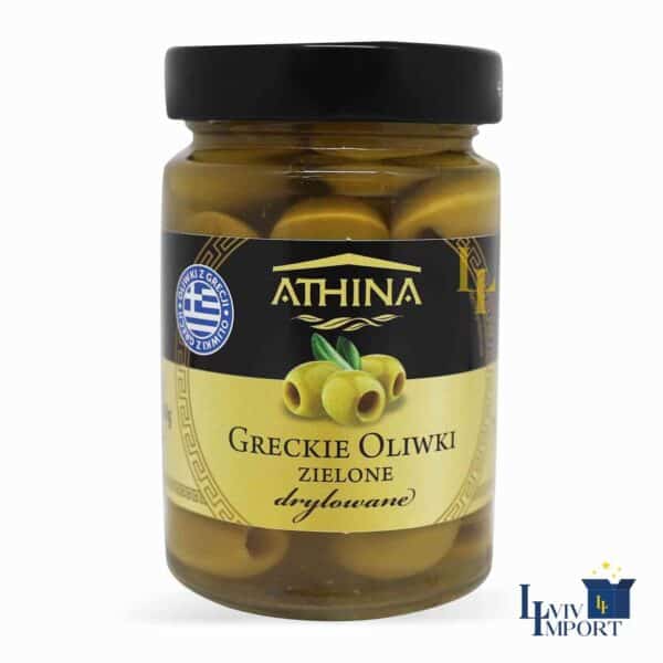 Оливки ATHINA 300g грецькі зелені без кісточки ск/б (8 шт/200 ящ)