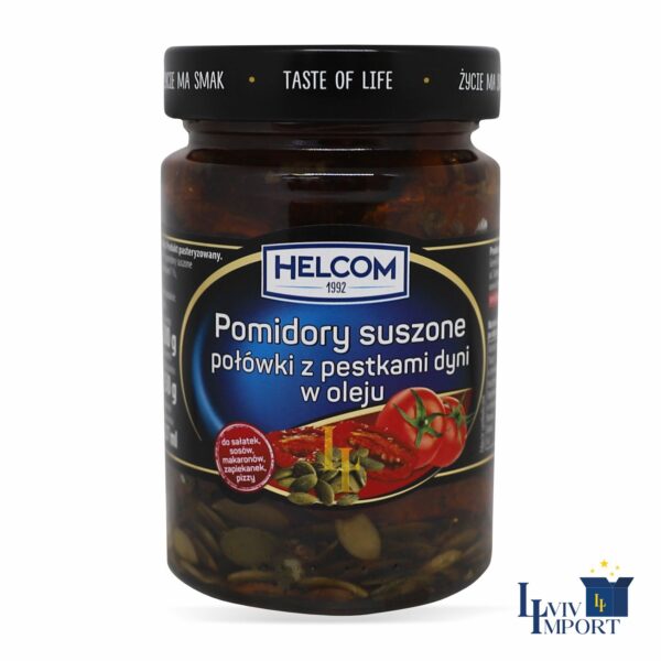 Помідори в'ялені з гарбузовим насінням HELCOM 280g в олії половинки ск/б (8 шт/200 ящ)