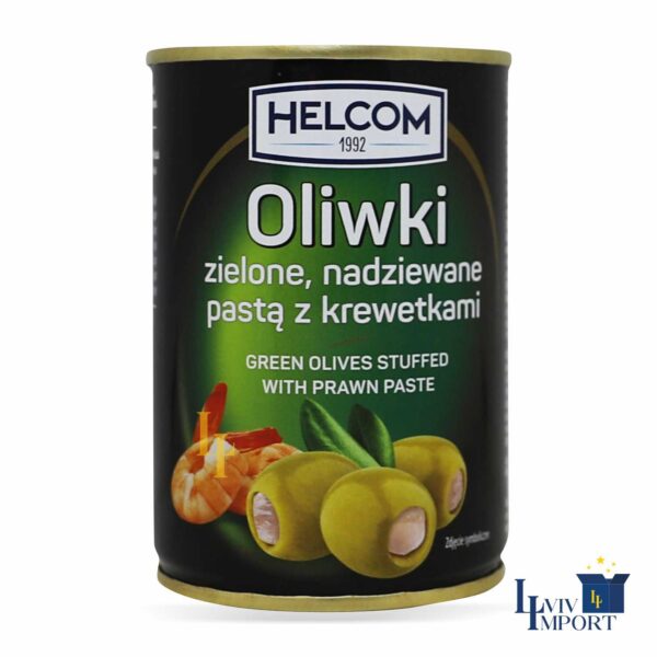 Оливки HELCOM 280g зелені фаршировані пастою з креветками ж/б (12 шт/196 ящ)