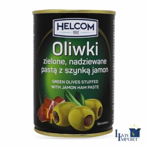 Оливки HELCOM 280g зелені фаршировані пастою з хамоном ж/б (12 шт/196 ящ)