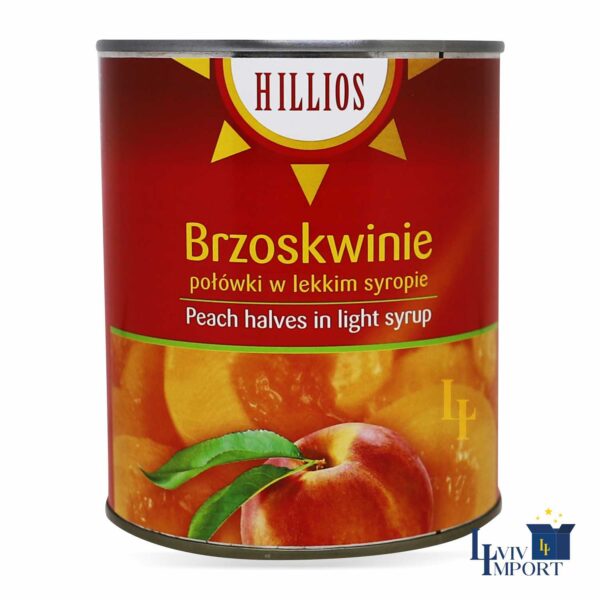 Персики HILLIOS 820g половинки у сиропі ж/б (12 шт/72 ящ)
