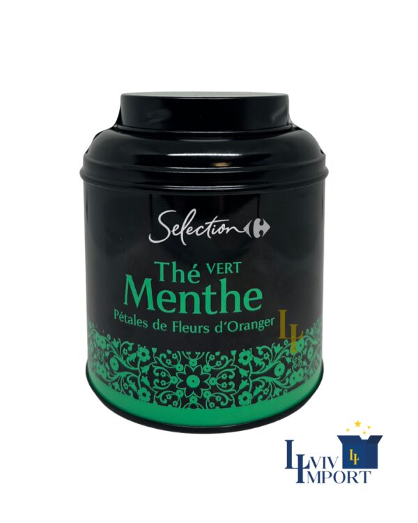 Чай зелений Carrefour Selection 100g Thé Vert Menthe м'ятний з нотками апельсину ж/б (8 шт)